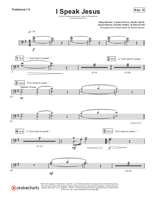 I Speak Jesus (Worship Choir SAB) Trombone 1/2 (Shylo Sharity / Signature Sessions / Arr. Mason Brown)