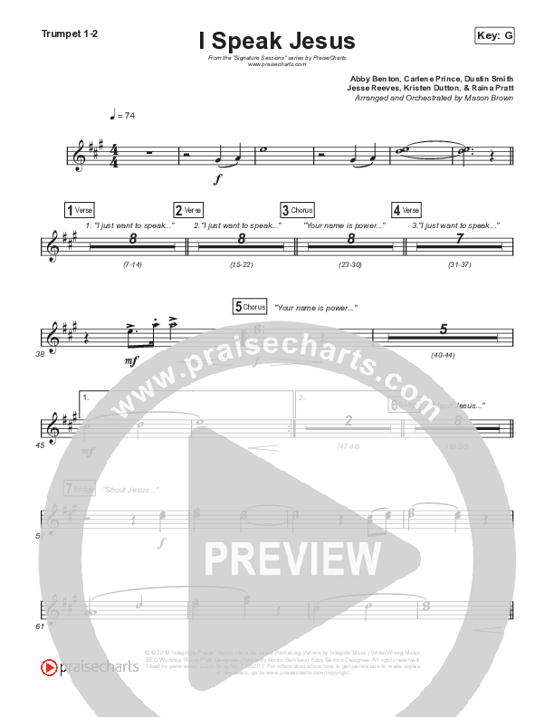 I Speak Jesus (Worship Choir SAB) Trumpet 1,2 (Shylo Sharity / Signature Sessions / Arr. Mason Brown)