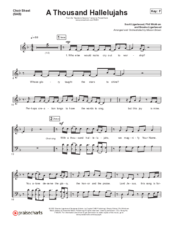 A Thousand Hallelujahs (Worship Choir SAB) Choir Sheet (SAB) (Signature Sessions / Arr. Mason Brown)