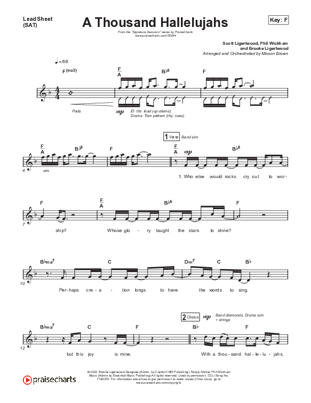 A Thousand Hallelujahs (Worship Choir SAB) Lead Sheet (SAT) (Signature Sessions / Arr. Mason Brown)