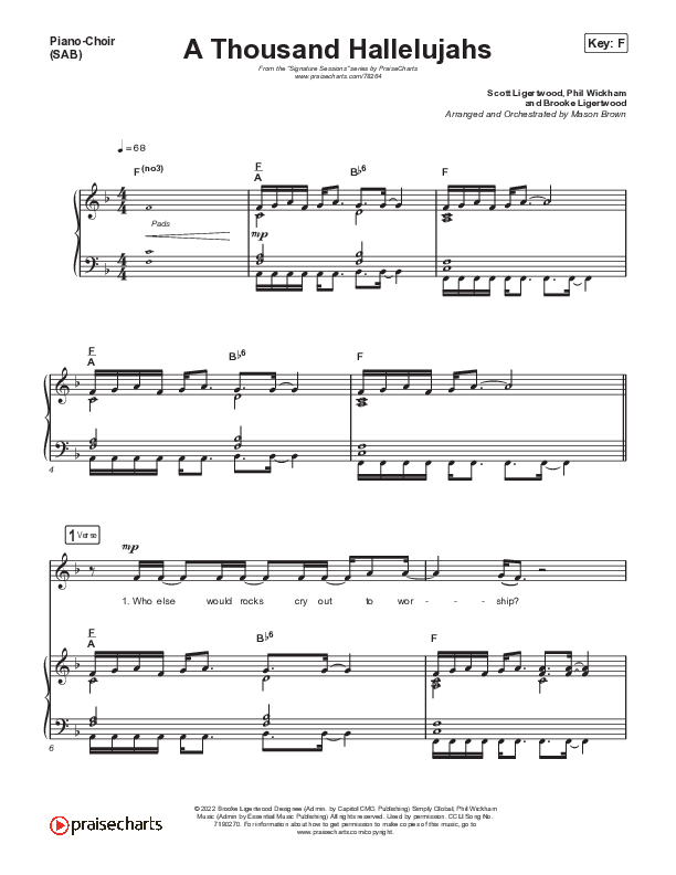 A Thousand Hallelujahs (Worship Choir SAB) Piano/Choir (SAB) (Signature Sessions / Arr. Mason Brown)