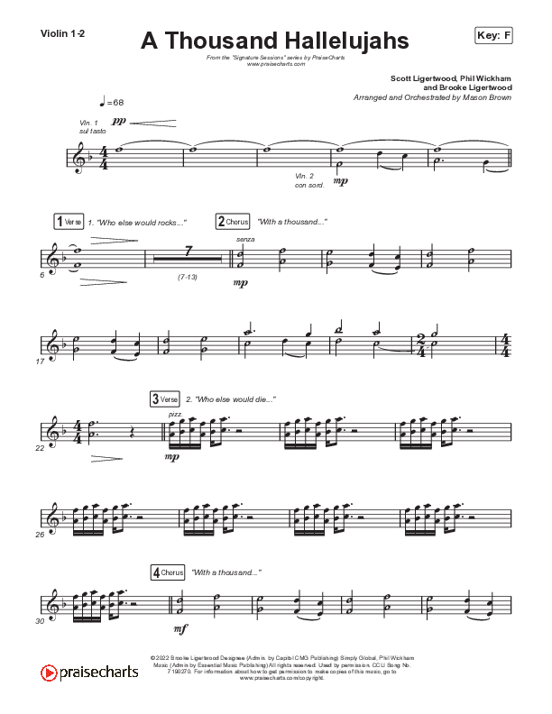 A Thousand Hallelujahs (Worship Choir SAB) Violin 1/2 (Signature Sessions / Arr. Mason Brown)