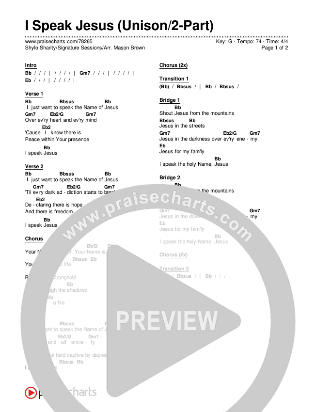 I Speak Jesus (Unison/2-Part Choir) Chords & Lyrics (Shylo Sharity / Signature Sessions / Arr. Mason Brown)