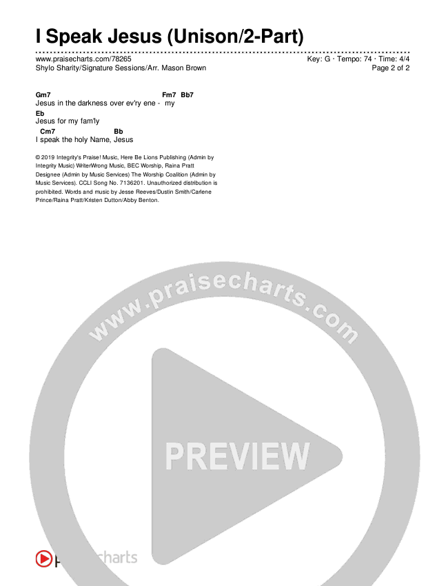 I Speak Jesus (Unison/2-Part Choir) Chords & Lyrics (Shylo Sharity / Signature Sessions / Arr. Mason Brown)