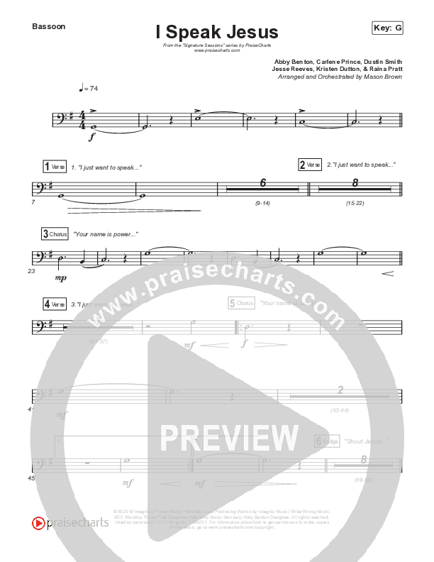 I Speak Jesus (Unison/2-Part Choir) Bassoon (Shylo Sharity / Signature Sessions / Arr. Mason Brown)