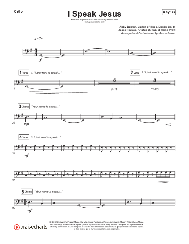I Speak Jesus (Unison/2-Part Choir) Cello (Shylo Sharity / Signature Sessions / Arr. Mason Brown)