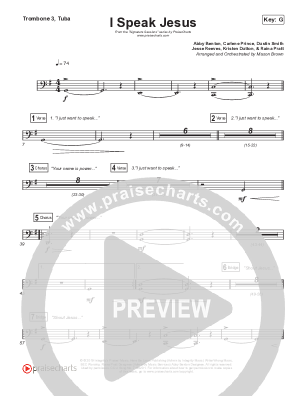 I Speak Jesus (Unison/2-Part Choir) Trombone 3/Tuba (Shylo Sharity / Signature Sessions / Arr. Mason Brown)
