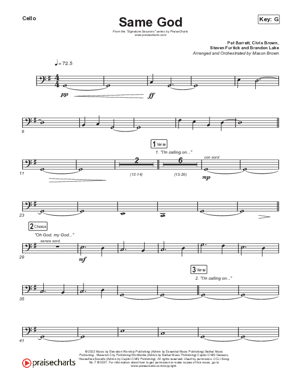 Same God (Unison/2-Part Choir) Cello (Signature Sessions / Arr. Mason Brown)