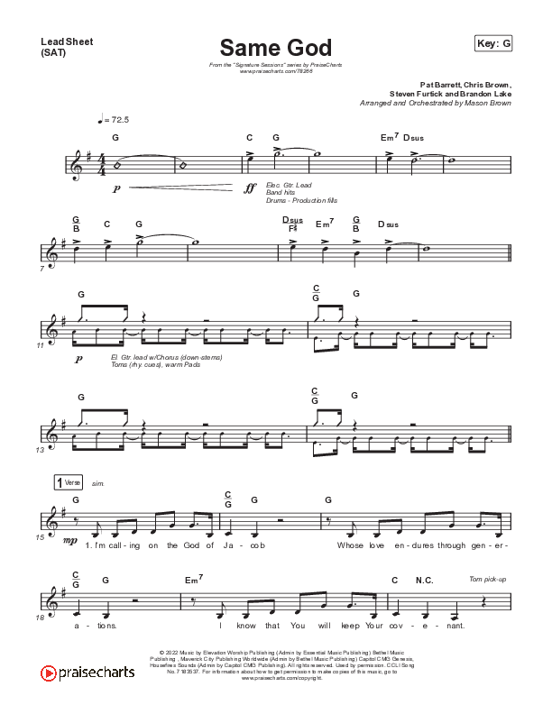 Same God (Unison/2-Part Choir) Lead Sheet (SAT) (Signature Sessions / Arr. Mason Brown)