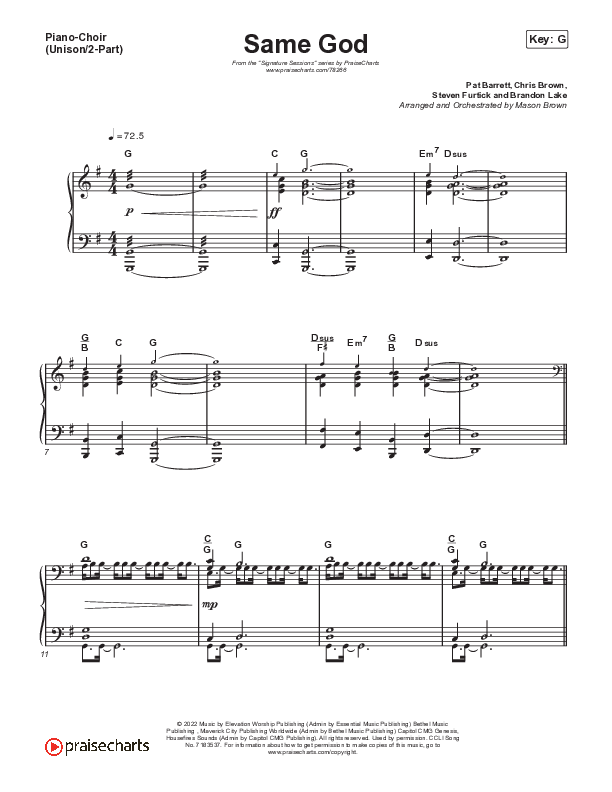 Same God (Unison/2-Part Choir) Piano/Choir (Uni/2-Part) (Signature Sessions / Arr. Mason Brown)