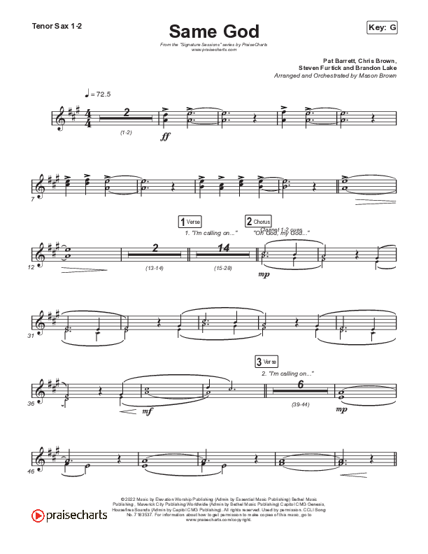 Same God (Unison/2-Part Choir) Tenor Sax 1/2 (Signature Sessions / Arr. Mason Brown)
