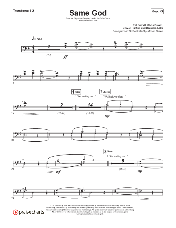 Same God (Unison/2-Part Choir) Trombone 1/2 (Signature Sessions / Arr. Mason Brown)