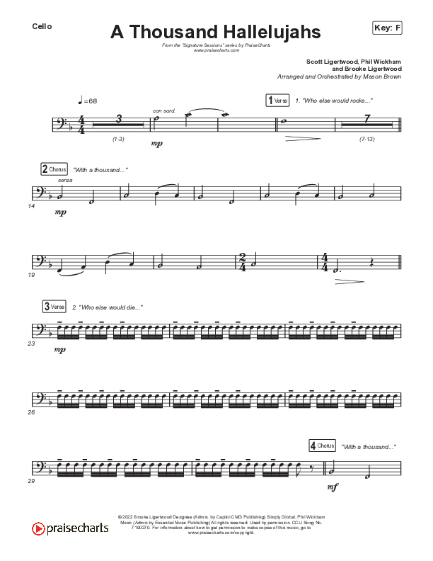 A Thousand Hallelujahs (Unison/2-Part Choir) Cello (Signature Sessions / Arr. Mason Brown)