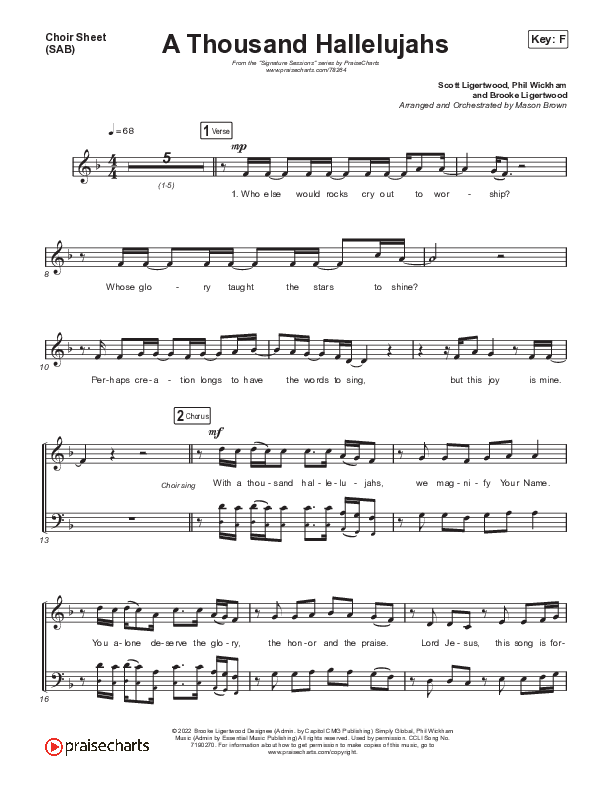 A Thousand Hallelujahs (Unison/2-Part Choir) Choir Sheet (Signature Sessions / Arr. Mason Brown)