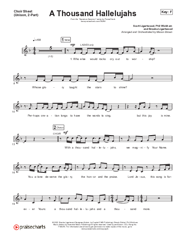 A Thousand Hallelujahs (Unison/2-Part Choir) Choir Vocals (Uni/2-Part) (Signature Sessions / Arr. Mason Brown)