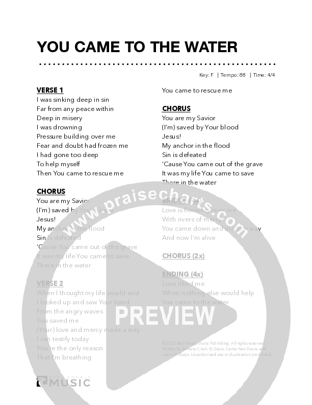You Came To The Water Chord Chart (Bell Shoals Music)