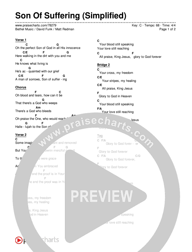 Son Of Suffering (Simplified) Chord Chart (Bethel Music / David Funk / Matt Redman)