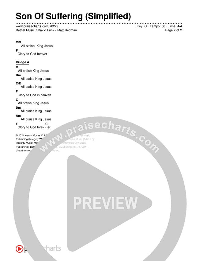 Son Of Suffering (Simplified) Chord Chart (Bethel Music / David Funk / Matt Redman)