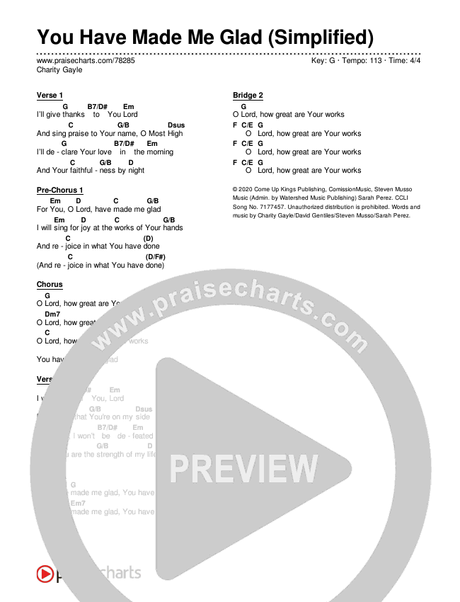 You Have Made Me Glad (Simplified) Chord Chart (Charity Gayle)