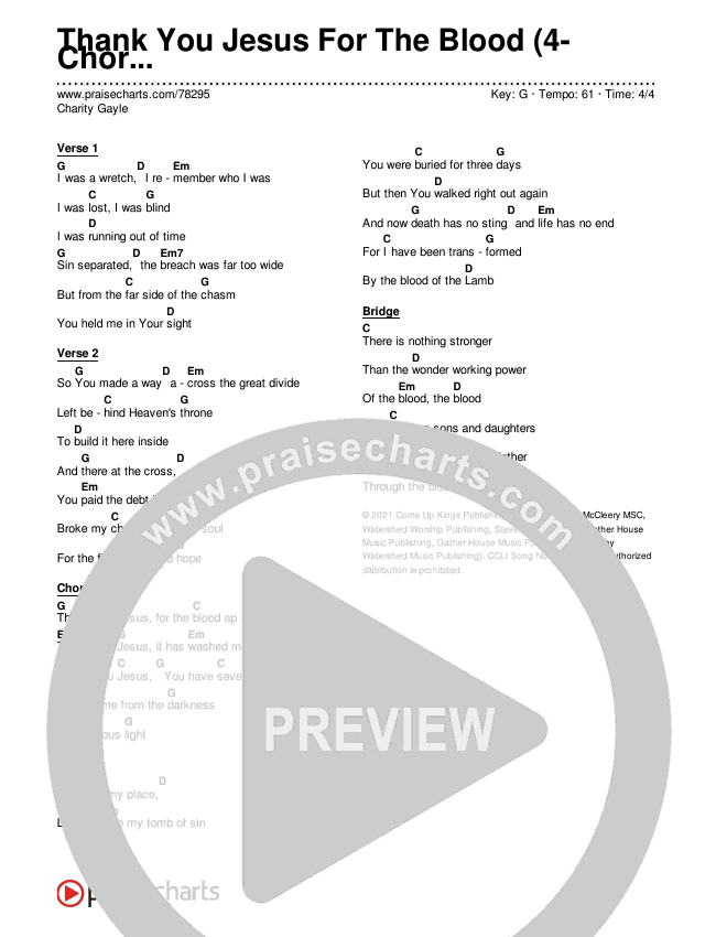 Thank You Jesus For The Blood (4-Chord) Chord Chart (Charity Gayle)