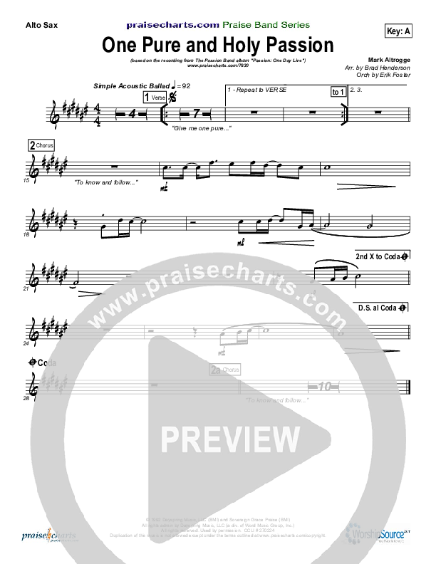 One Pure And Holy Passion Alto Sax (Candi Pearson Shelton / Passion)