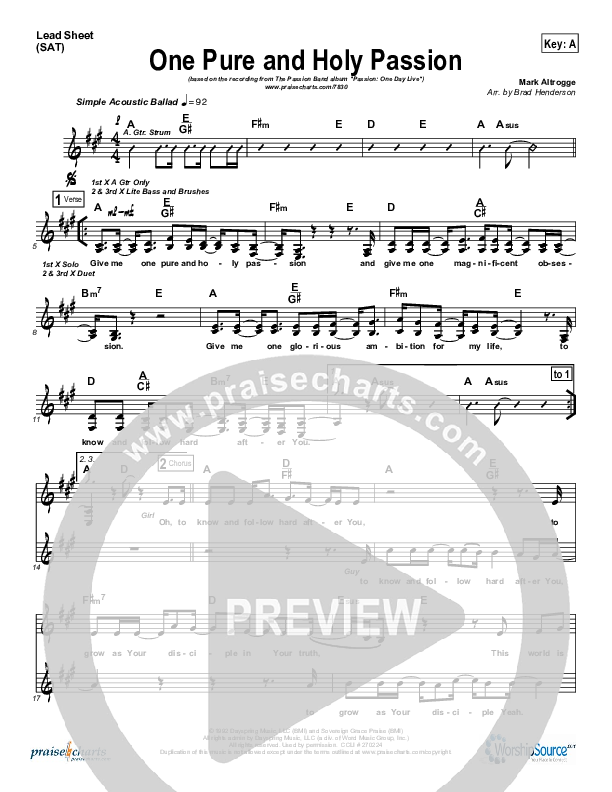 One Pure And Holy Passion Lead Sheet (SAT) (Candi Pearson Shelton / Passion)