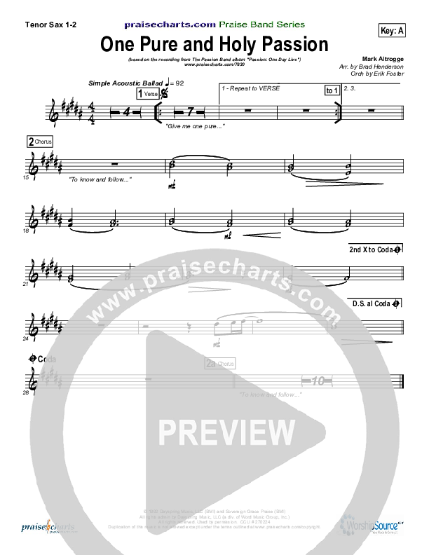 One Pure And Holy Passion Tenor Sax 1/2 (Candi Pearson Shelton / Passion)