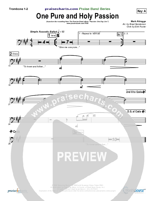 One Pure And Holy Passion Trombone 1/2 (Candi Pearson Shelton / Passion)