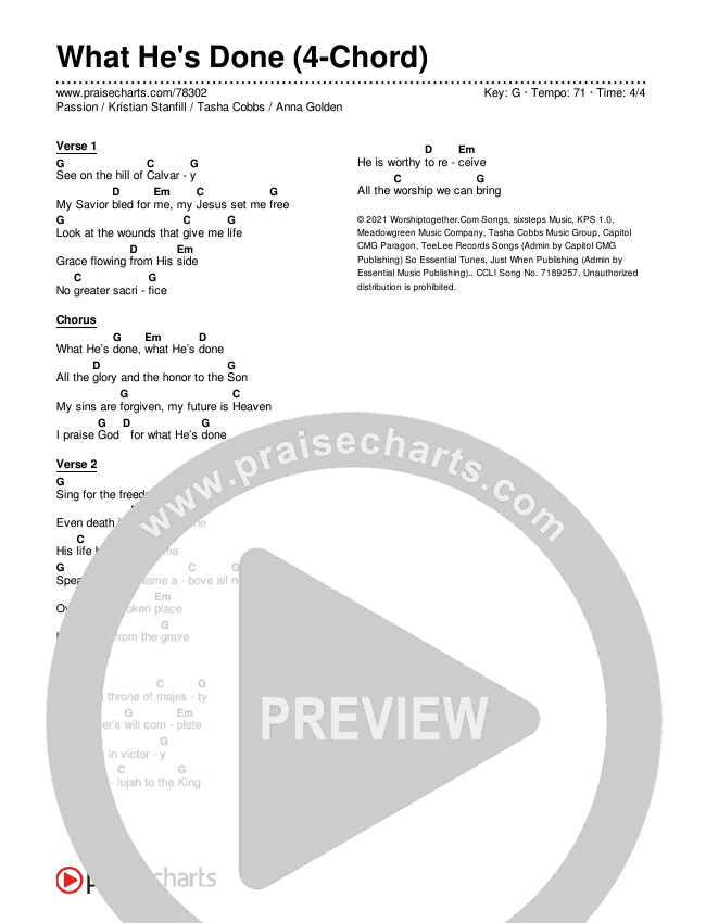 What He's Done (4-Chord) Chord Chart (Passion / Kristian Stanfill / Tasha Cobbs Leonard / Anna Golden)