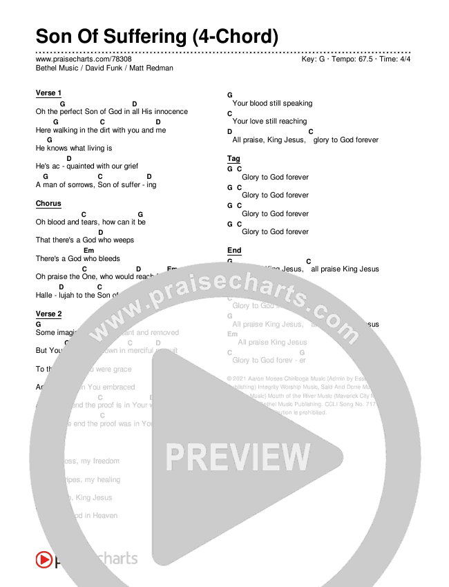 Son Of Suffering (4-Chord) Chord Chart (Bethel Music / David Funk / Matt Redman)