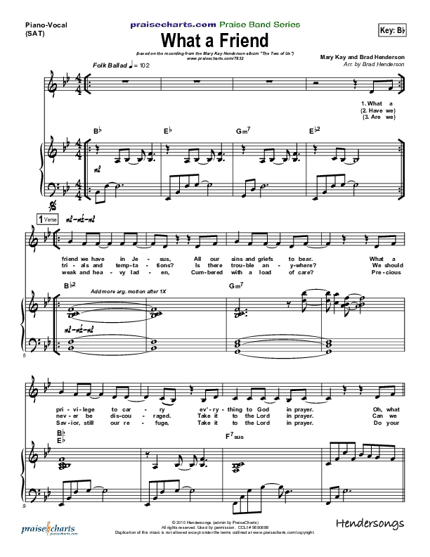What A Friend Piano/Vocal (SAT) (Mary Kay Henderson / Brad Henderson)
