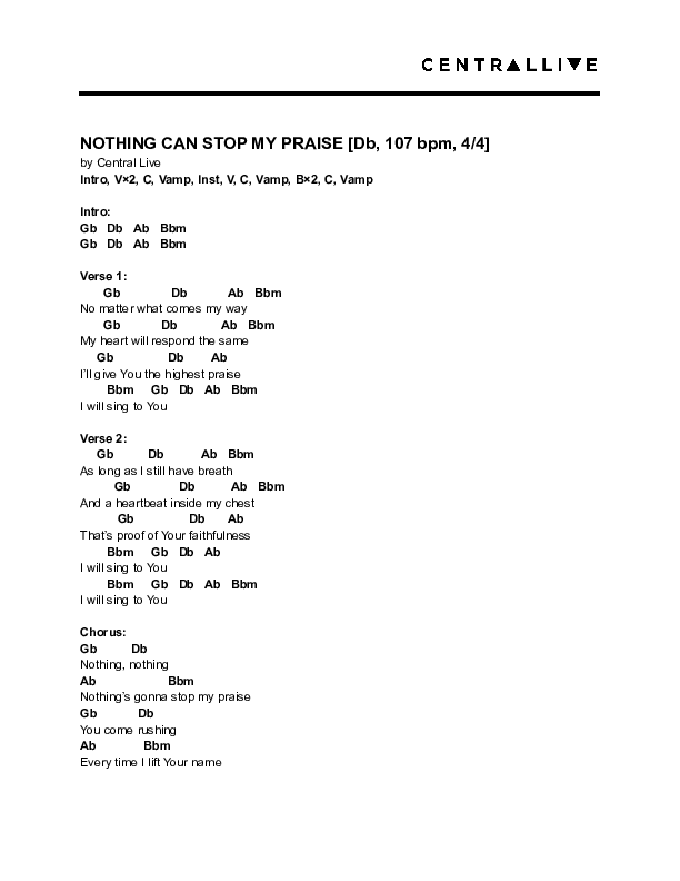 Nothing Can Stop My Praise Chord Chart (Central Live)