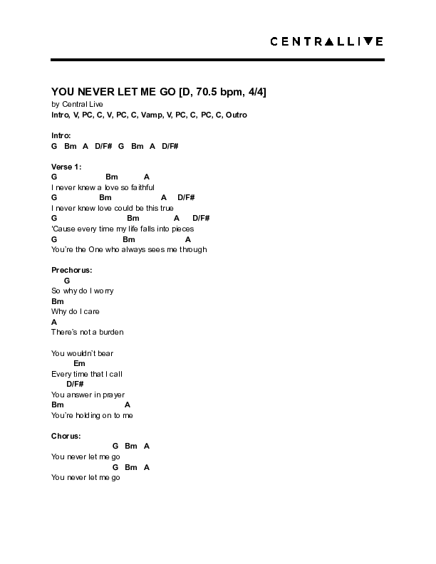 Never Let Me Go Chords PDF (Central Live) PraiseCharts