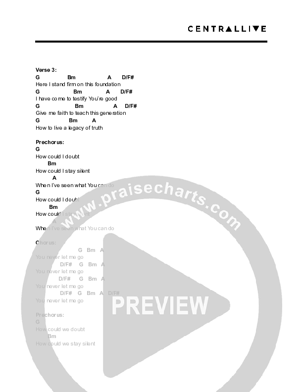 Never Let Me Go Chord Chart (Central Live)