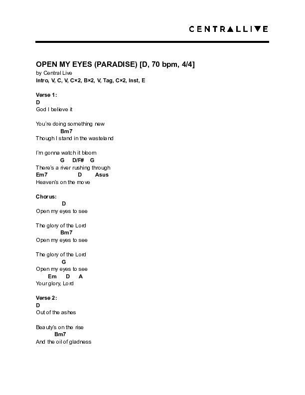 Open My Eyes (Paradise) Chord Chart (Central Live)