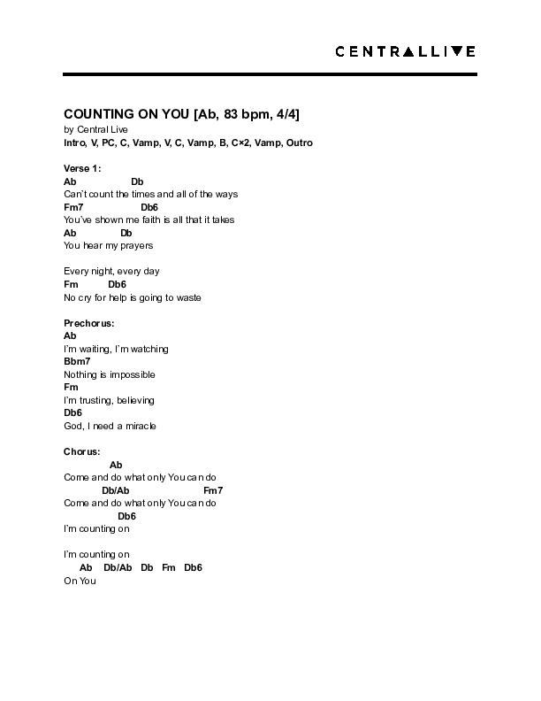 Counting On You Chord Chart (Central Live)