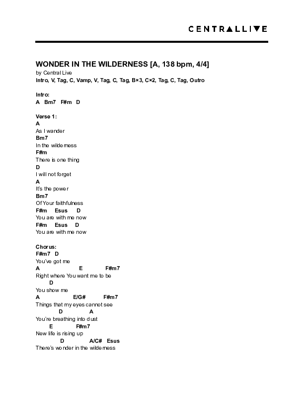 Wonder In The Wilderness Chord Chart (Central Live)