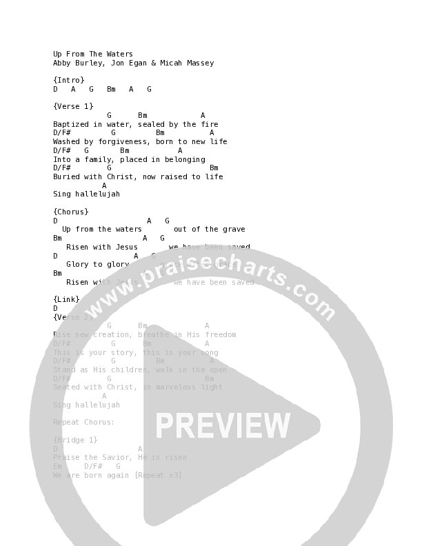 Up From The Waters (Live) Chord Chart (New Life Worship / Dee Wilson)
