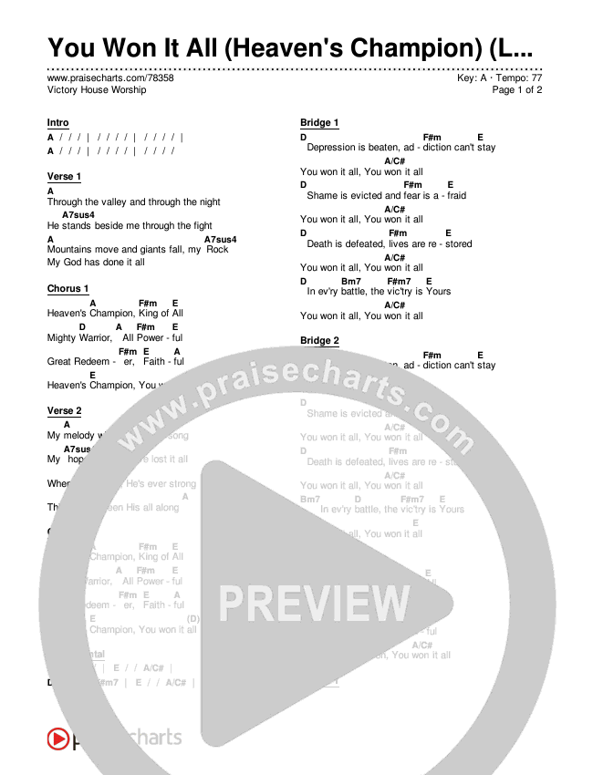 You Won It All (Heaven's Champion) (Live) Chords & Lyrics (Victory House Worship)