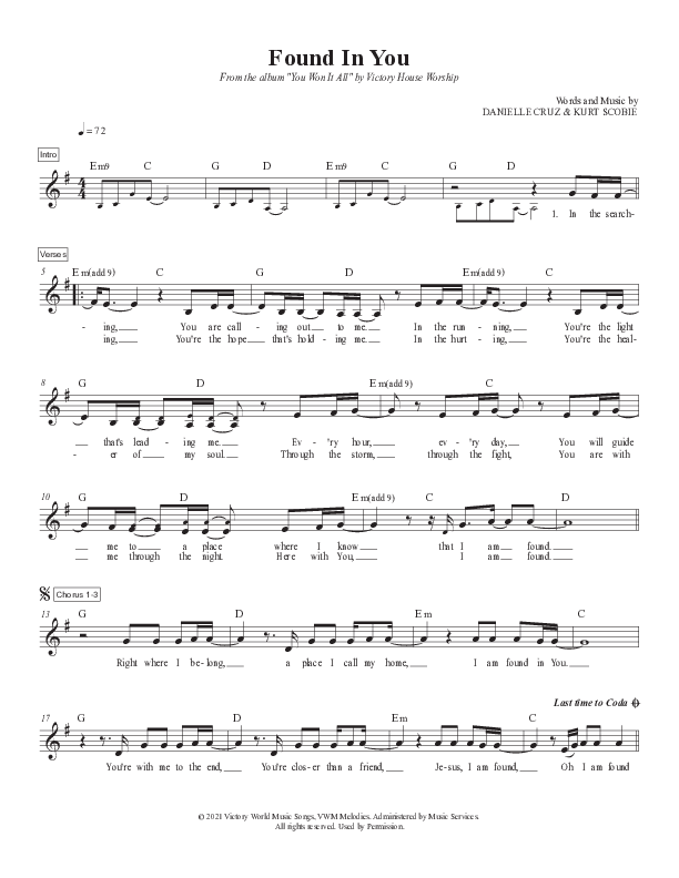 Found In You (Live) Lead Sheet Melody (Victory House Worship)