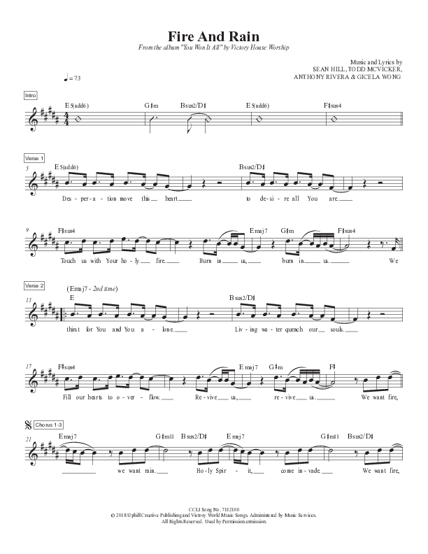 Fire And Rain (Live) Lead Sheet Melody (Victory House Worship)