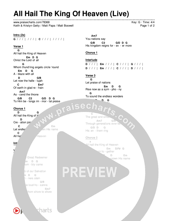All Hail The King Of Heaven (Live) Chords & Lyrics (Keith & Kristyn Getty / Matt Papa / Matt Boswell)