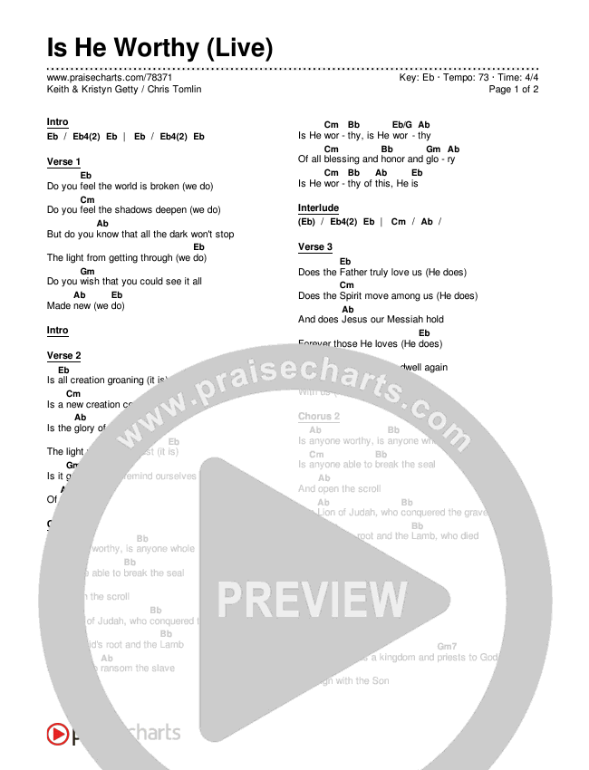 Is He Worthy (Live) Chords & Lyrics (Keith & Kristyn Getty / Chris Tomlin)