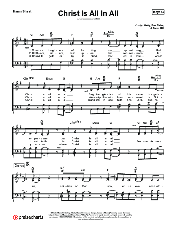 Christ Is All In All (Live) Hymn Sheet (Keith & Kristyn Getty)