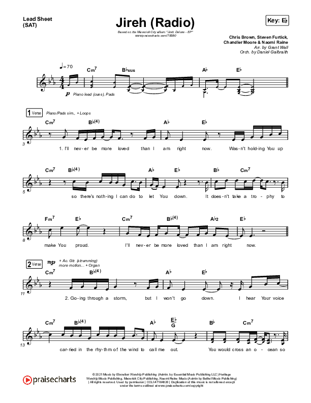 Jireh (Radio) Lead Sheet (SAT) (Maverick City Music / Chandler Moore / Naomi Raine)
