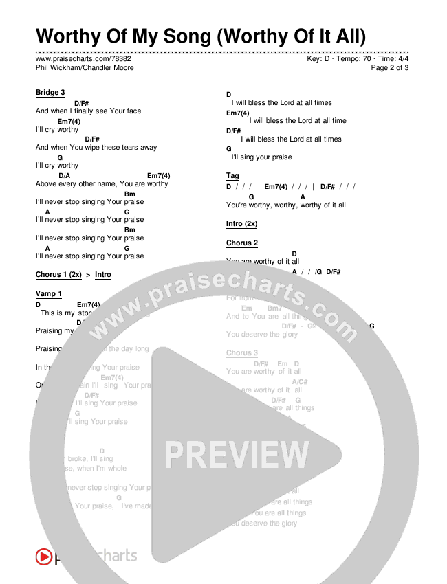Worthy Of My Song (Worthy Of It All) Chords & Lyrics (Phil Wickham / Chandler Moore)