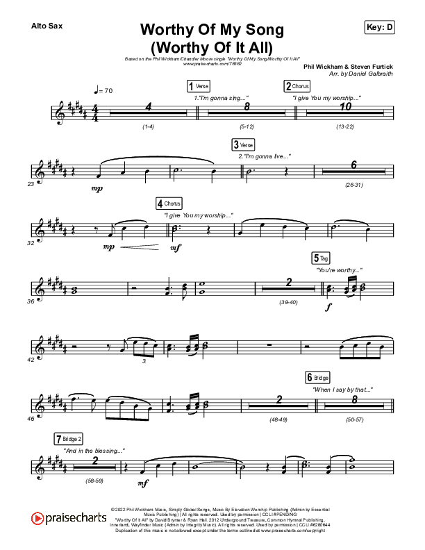 vleet Onderdrukking Ithaca Worthy Of My Song (Worthy Of It All) Alto Sax Sheet Music PDF (Phil Wickham  / Chandler Moore) - PraiseCharts