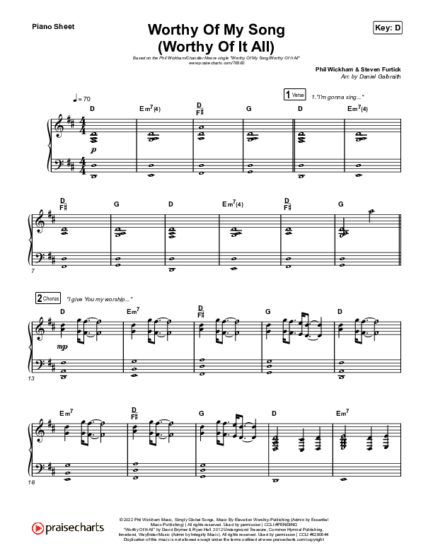 Worthy Of My Song (Worthy Of It All) Piano Sheet (Phil Wickham / Chandler Moore)