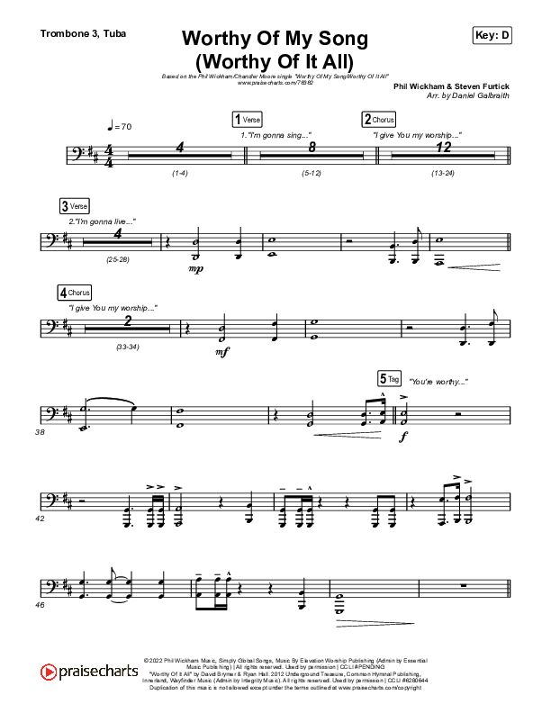 Worthy Of My Song (Worthy Of It All) Trombone 3/Tuba (Phil Wickham / Chandler Moore)