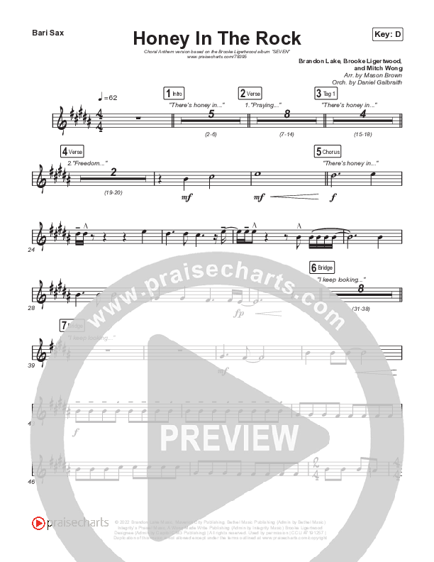 Honey In The Rock (Choral Anthem SATB) Bari Sax (Brooke Ligertwood / Arr. Mason Brown)